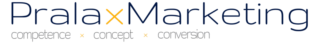Pralax Marketing logo with slogan: competence, concept, conversion